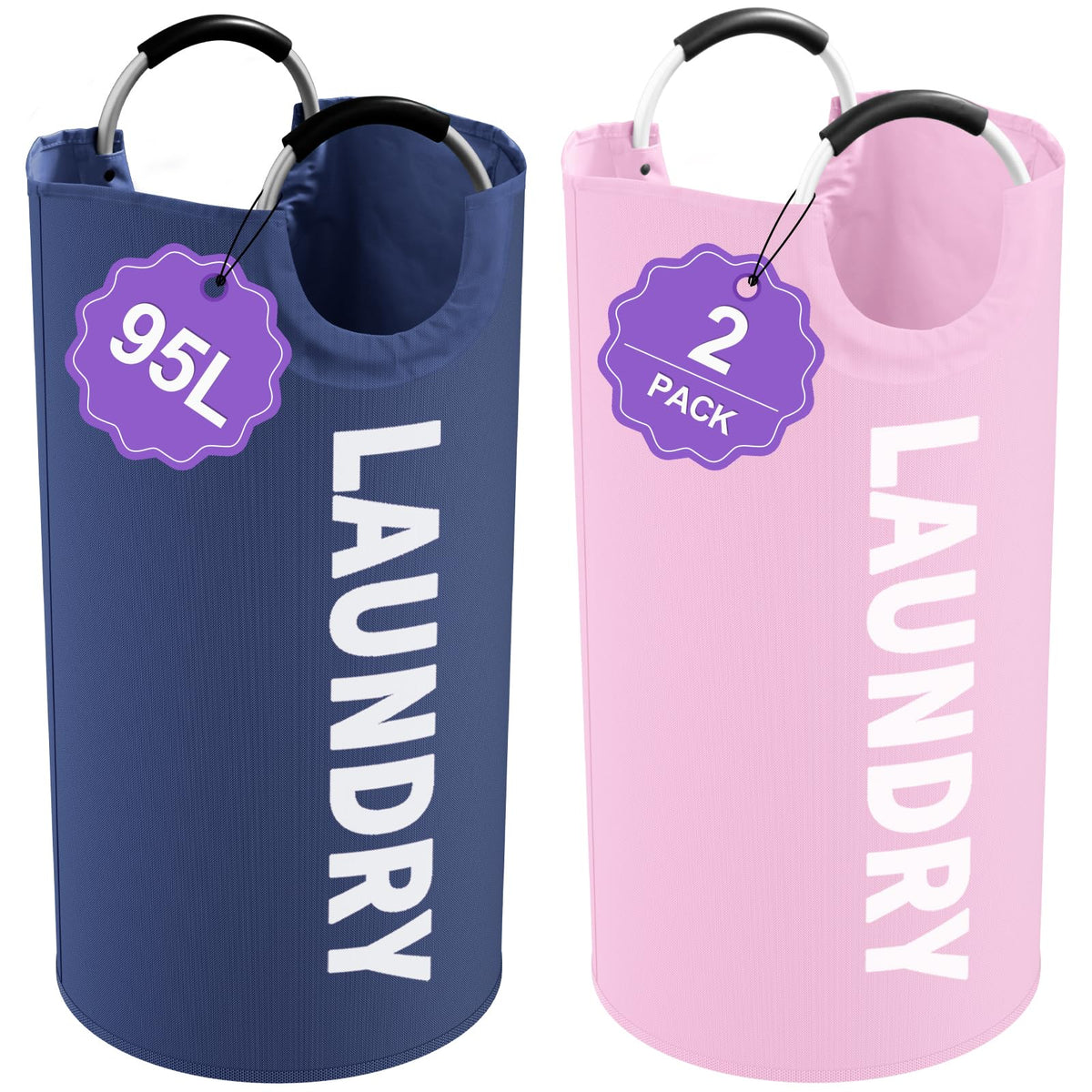 95L Large Laundry Basket with Handles, Foldable Clothes Hampers Stand Up Well, Waterproof Dirty Clothes Hamper, Rugged Laundry Basket for Flat, Dorm, Hotel, Pink
