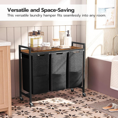 HOOBRO Laundry Sorter 3 Section, Laundry Hamper with Wheels, 3 × 11.5 Gal (43.5 L), Rolling Laundry Basket, Pull-Out and Removable Oxford Fabric Laundry Bags, Rustic Brown and Black BF76XY01