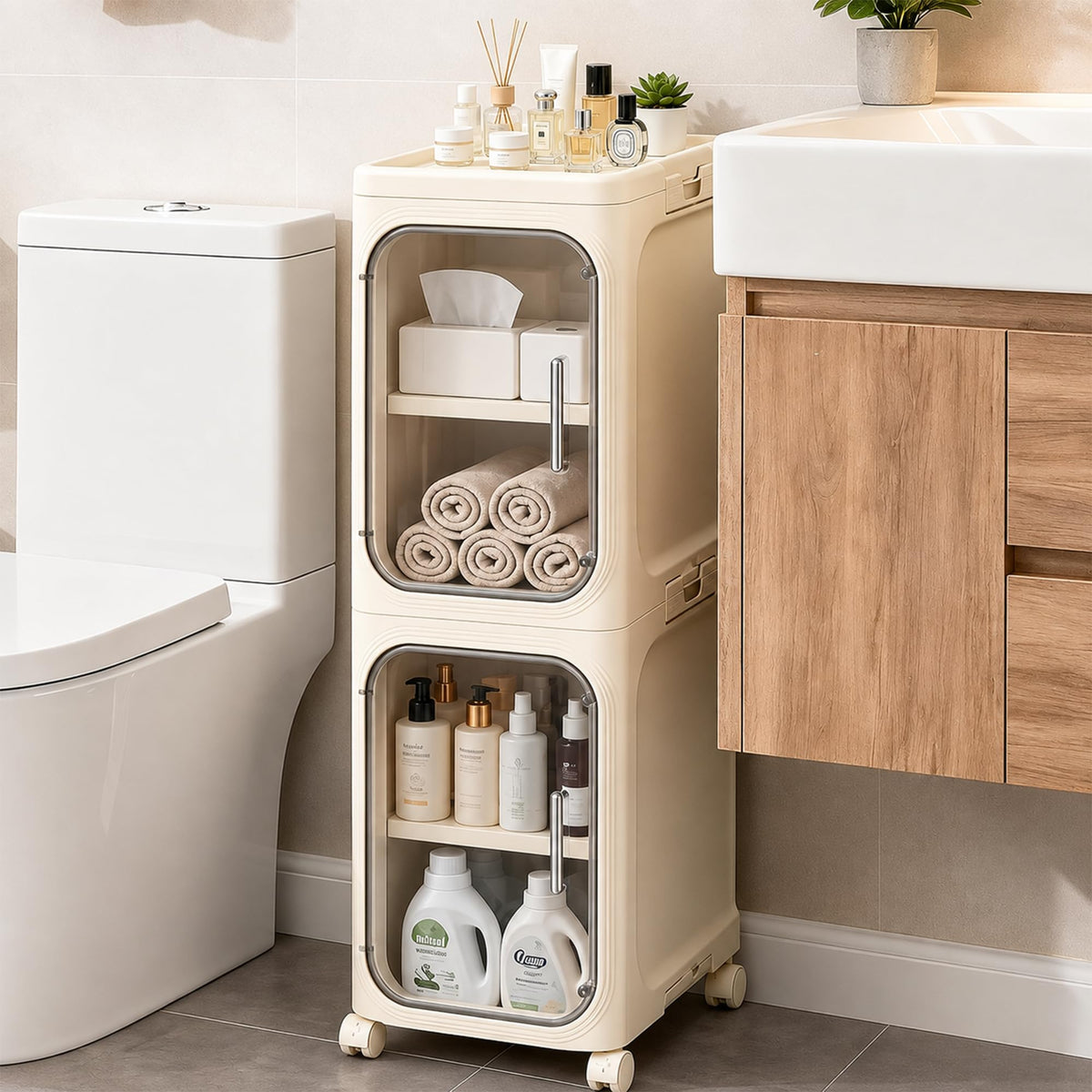 Narrow Slim Bathroom Storage Cabinet with Wheels, 4-Tier White