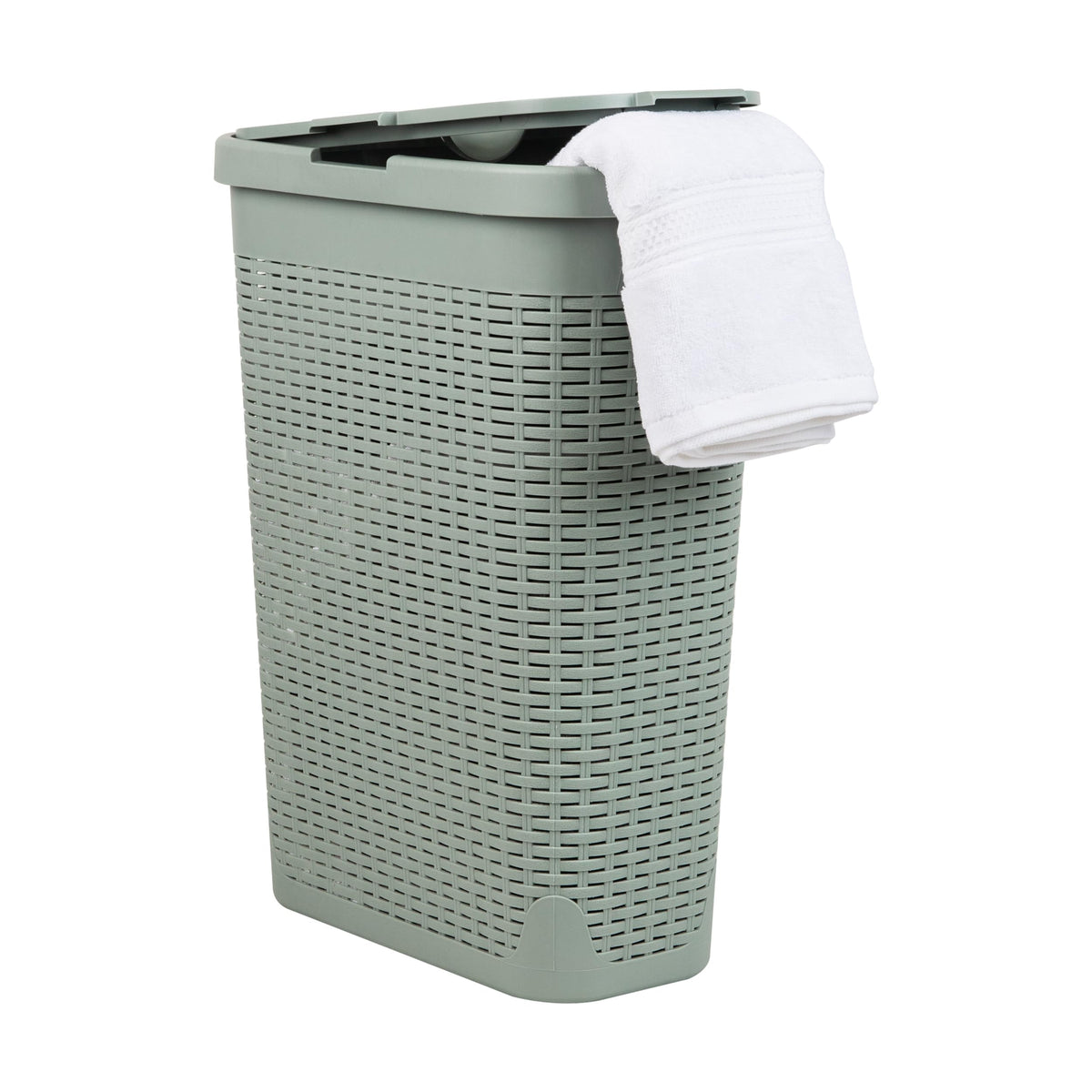 Mind Reader Slim Laundry Hamper with Lid, 40L Clothes Basket, Narrow Tapered Design with Ventilated Cutout Pattern, Plastic, Ivory
