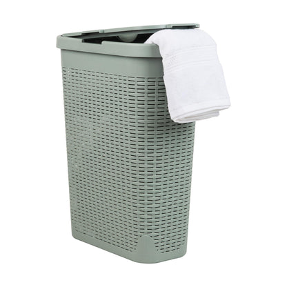 Mind Reader Slim Laundry Hamper with Lid, 40L Clothes Basket, Narrow Tapered Design with Ventilated Cutout Pattern, Plastic, Ivory
