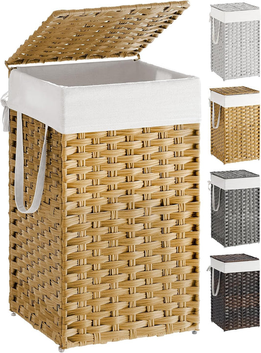 SONGMICS Laundry Hamper with Lid, 17.2 Gallon (65 L) Synthetic Rattan Clothes Laundry Basket with Lid and Handles, Foldable, Removable Liner, Goose Yellow ULCB165N01