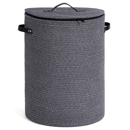 CHICVITA Large Woven Laundry Hamper with Lid & Leather Handles, 60L, White