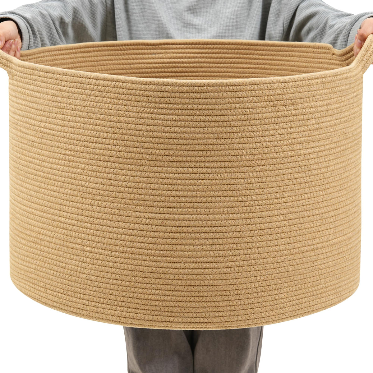 Foldable Laundry Hamper Basket with Collapsible Handle Cotton Rope Soft Woven Fabric Storage Organizer Clothes Toys Nursery Bedroom Dorm Space Saving Bin (White & Brown, 65L(19.7"D x 12.6"H))
