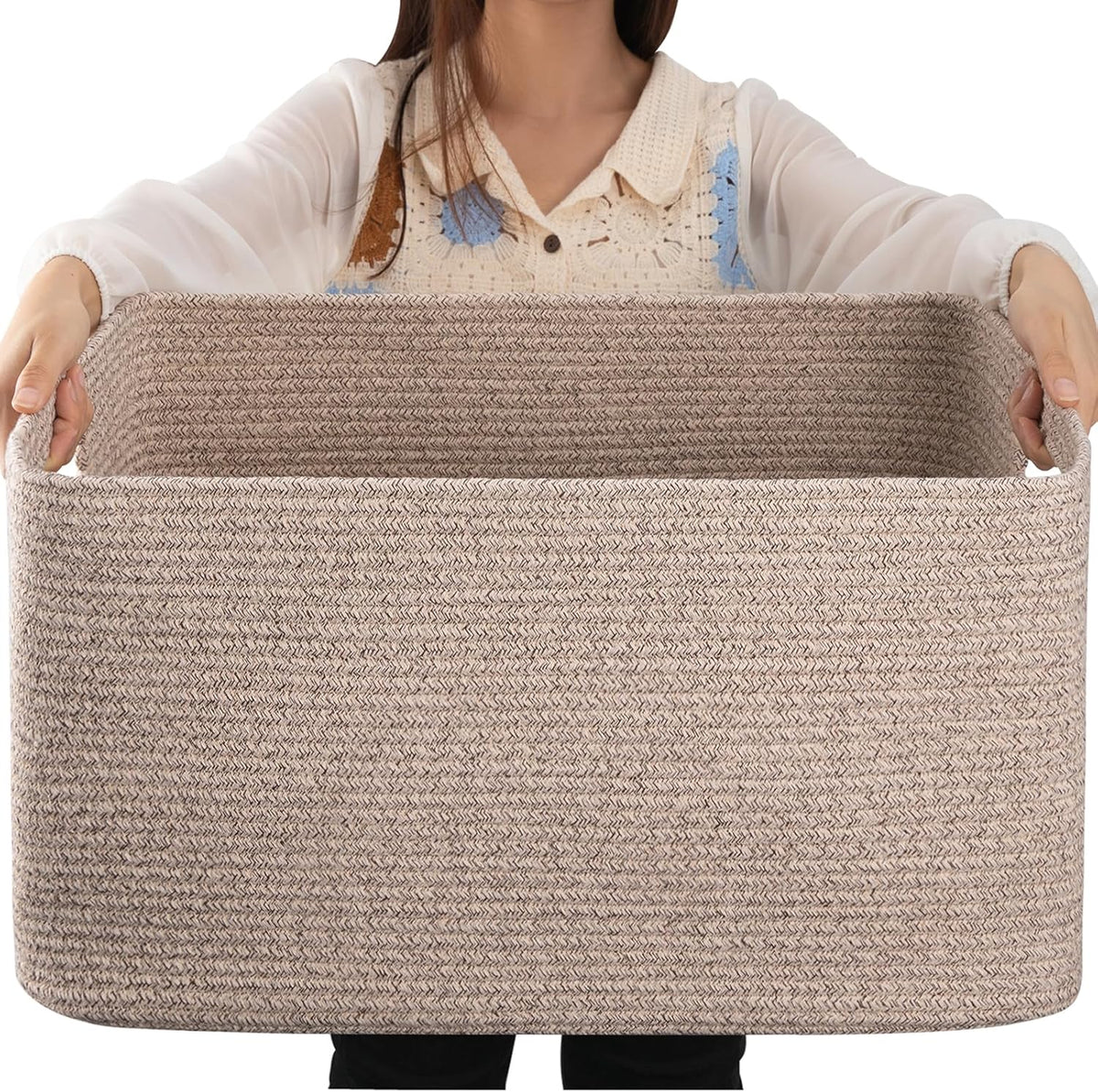 OIAHOMY 75L Large Blanket Basket Woven Cotton Rope Storage Basket Brown